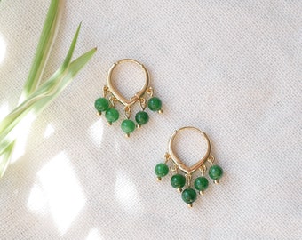 Green jade hoop earrings | Round green stone earrings | Dainty hoops with five natural stone beads | Minimalist cute unique jade jewelry