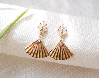 Art deco fan earrings | Gold zircon dangle earrings | Dainty vintage jewelry | 1920s style geometric earrings | Brass drop earrings for her