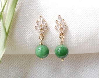 Art deco earrings | Green jade drop earrings | 1920s style gold jewelry | Dainty elegant bridal wedding bridesmaids zircon fan stone design