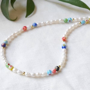 Pearl and millefiori necklace Freshwater pearl choker with colorful floral beads Multicolor beaded jewelry with genuine pearls for her image 3