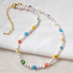 Pearl flower necklace Colorful pearl necklace Beaded white and colorful flowers necklace with floral glass beads and genuine pearls image 1