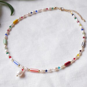 Striped beads necklace Multicolor stripe pattern choker Cute freshwater pearl jewelry gift with colorful glass beads and pearl pendant image 3