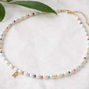 Colorful initial pearl necklace Dainty multicolor freshwater pearls choker with gold letter Custom handmade personalized jewelry gift image 1