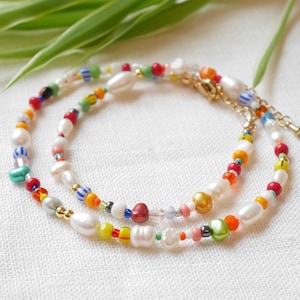 CARNIVAL mixed beads necklace Colorful beaded choker in bright colors Handmade multicolor freshwater pearl and seed bead jewelry for her image 1