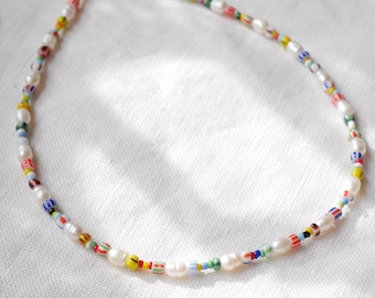 Freshwater pearl necklace with striped beads | Colorful beaded necklace | Mixed seed bead choker | Multicolor summer jewelry gift for her