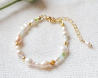 Pearl beaded bracelet | Soft colors pearl bracelet with mixed real pearls | Romantic gift for her | Pink and white freshwater pearl bracelet