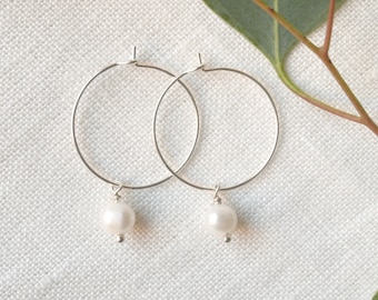 Silver pearl hoop earrings | Dainty minimalist hoops with a genuine freshwater pearl | Simple silver hoops | Minimalist gift for her
