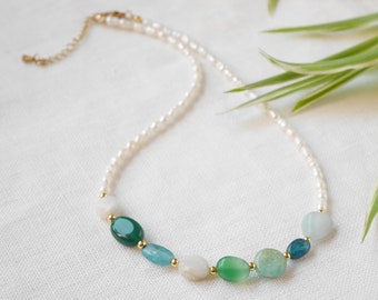 Gemstone pearl necklace | Freshwater pearl necklace with gemstones | Natural stones choker with aquamarine, agate, amazonite, apatite stones