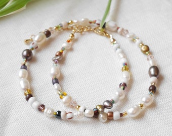 MOCCA natural colors beaded necklace | Mixed brown and white beads and freshwater pearls choker gift for her | Dainty cute handmade design