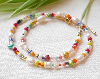 CARNIVAL mixed beads necklace | Colorful beaded choker in bright colors | Handmade multicolor freshwater pearl and seed bead jewelry for her