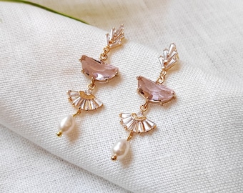 Long pink Art deco dangle earrings | Vintage style gold fan earrings | Beautiful elegant 1920s wedding earrings with rhinestone crystal