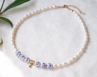 Porcelain pearl initial necklace | Blue and white chinoiserie choker with gold letter charm | Beautiful floral ceramic jewelry gift for her