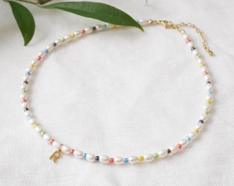 Colorful initial pearl necklace | Dainty multicolor freshwater pearls choker with gold letter | Custom handmade personalized jewelry gift