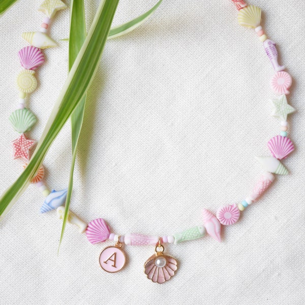 Pastel initial necklace | Colorful summer choker with pink shell charm | Custom letter jewelry gift for women and girls, cute beach inspired