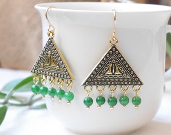 Gold green jade triangle earrings | Green gemstone dangle earrings | Geometric statement earrings for her | Cute vintage style jewelry