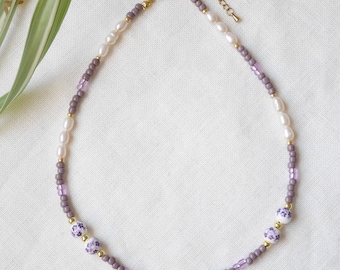 Lavender pearl necklace | Lilac porcelain bead necklace | Purple beads beaded jewelry | Cute violet seed bead freshwater pearl choker gift