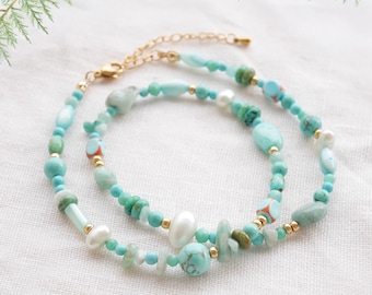 Mixed turquoise beads necklace - light blue beaded choker with pearls, stone, glass and shell beads, unique December birthstone jewelry