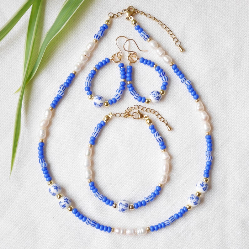 Blue porcelain bead necklace Summer seed bead choker Cute blue and white necklace with real pearls Flower ceramic jewelry gift idea image 5