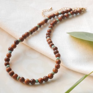 Wooden beaded necklace | Rosewood necklace | Wood beads and seafoam glass bead necklace for her | Wood bead gold necklace | Surfer necklace