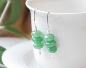 Green jade sterling silver earrings | Minimalist gemstone earrings | Three cute stones jewelry with geometric design | Handmade gift for her