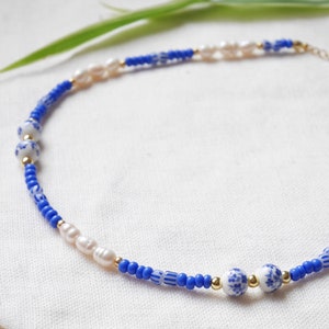 Blue porcelain bead necklace Summer seed bead choker Cute blue and white necklace with real pearls Flower ceramic jewelry gift idea image 4