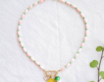 Beaded carabiner necklace - front lock charm jewelry, shell beads handmade personalized gift for her