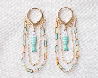 Fish chain earrings - dainty hoops, tiny fish charm, long boho dangle, adorable animal theme gift for her