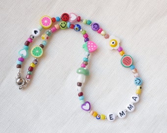Colorful name necklace for girls | Beaded mixed bead necklace with custom name | Personalized beaded necklace for kids with magnetic closure