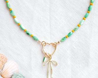 Green pick your charms necklace - dainty natural shell beads choker, heart front lock, cute fresh summer style, personalized gift for her