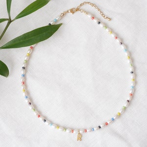 Colorful initial pearl necklace Dainty multicolor freshwater pearls choker with gold letter Custom handmade personalized jewelry gift image 3