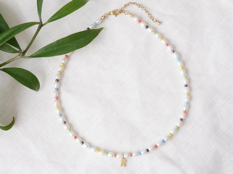 Colorful initial pearl necklace Dainty multicolor freshwater pearls choker with gold letter Custom handmade personalized jewelry gift image 3