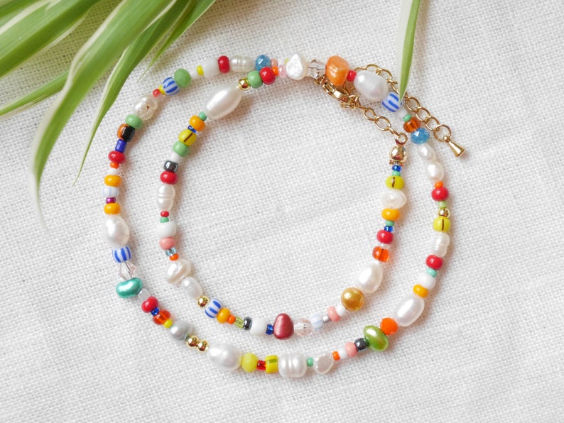 CARNIVAL mixed beads necklace Colorful beaded choker in bright colors Handmade multicolor freshwater pearl and seed bead jewelry for her image 4
