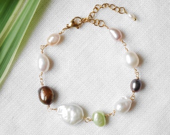 Mixed freshwater pearl bracelet | Multicolor feminine boho bracelet | Various sizes shapes genuine baroque pearl jewelry | Cute gift for her