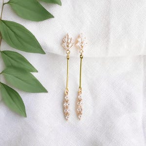 Art deco bar earrings - long elegant gold dangle, bridal wedding gala jewelry, dainty minimalist