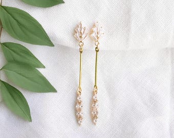 Art deco bar earrings - long elegant gold dangle, bridal wedding gala jewelry, dainty minimalist