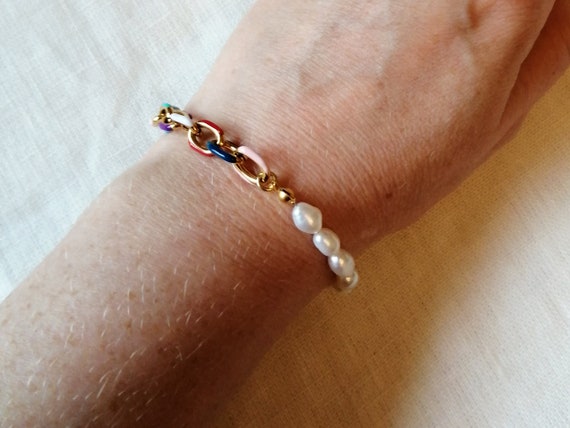 ★人気★【VINTAGE HOLLYWOOD】★Chain Half Pearl Bracele.t★ Half Pearl Half Colorful Chain Bracelet | Real Pearls