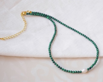 Green stone necklace | Malachite beads necklace | Minimalist green beaded necklace with real pearl | Green choker malachite stone and pearl