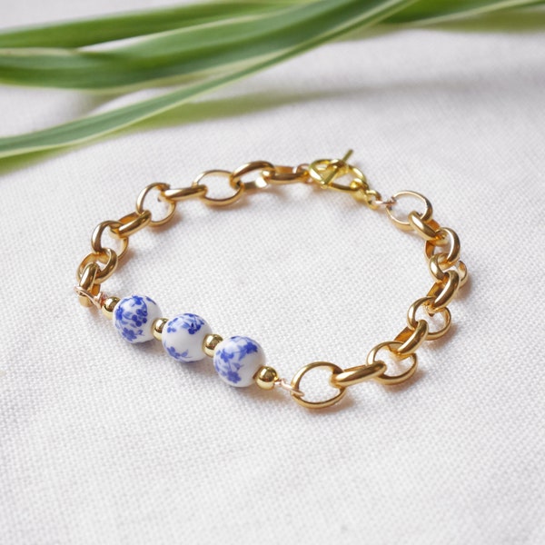 Blue and white porcelain bracelet | Gold big rolo chain bracelet | Flower pattern ceramic jewelry | Elegant chinoiserie beads bracelet gift