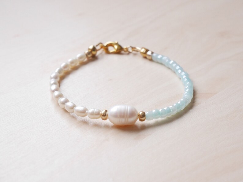 Half pearls half light blue bracelet \u2013 Beaded gold bracelet with large genuine freshwater pearl smaller pearls and turquoise glass beads