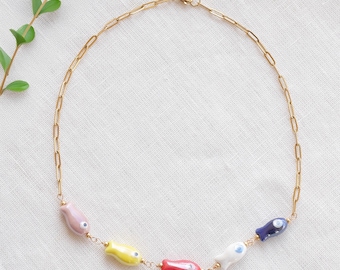 Fish paperclip chain necklace - fun porcelain summer jewelry, colorful ceramic charms, cute gift for her