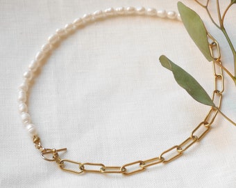 Half pearl half chain necklace | Chunky chain pearl necklace | Genuine pearl chain gold necklace | Freshwater pearls with chain necklace