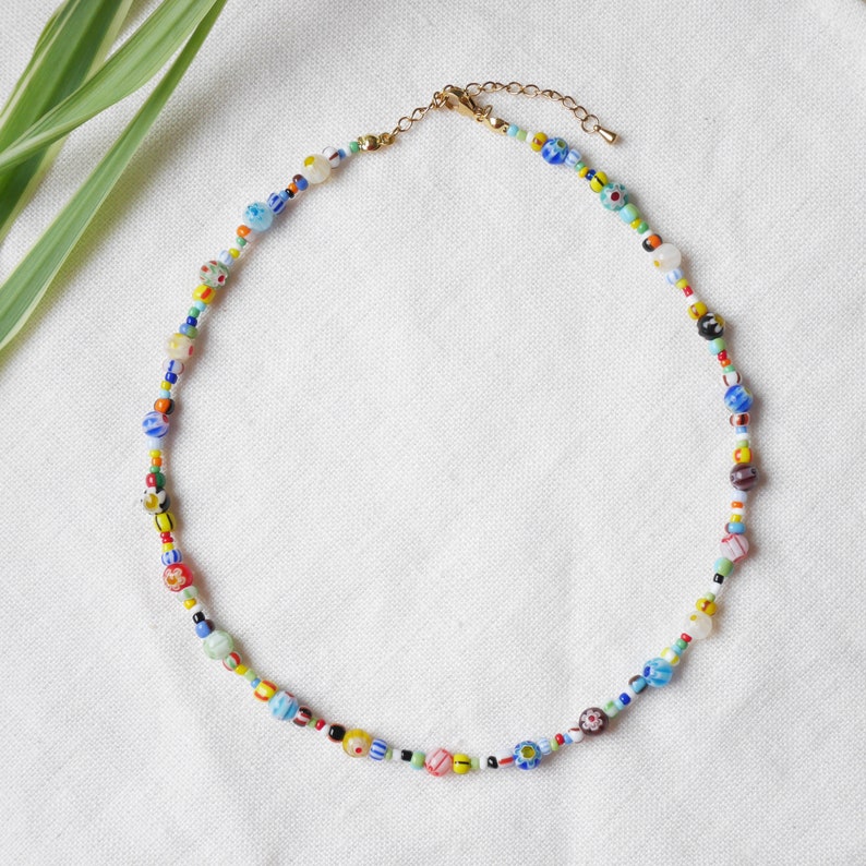 Millefiori seed bead necklace Colorful glass bead choker Happy summer beaded jewelry Multicolor unisex necklace gift for him or her image 7
