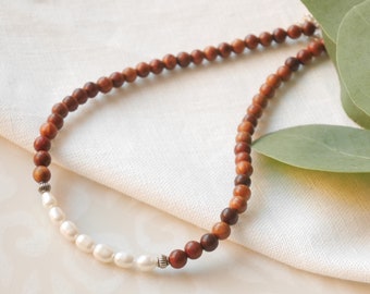 Wooden pearl necklace | Wood beads necklace | Country style beaded necklace with rosewood and freshwater pearls | Unisex country necklace