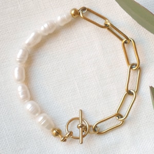 Half pearl half chain bracelet | Chunky chain pearl bracelet | Genuine pearl chain gold bracelet | Freshwater pearls with chain bracelet