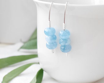 Blue aquamarine sterling silver earrings | Three light blue gemstones dangle | Cute baby blue stones jewelry | Something blue gift for her