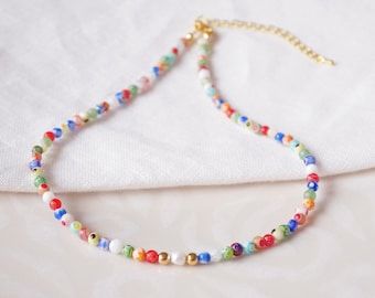 Millefiori pearl necklace | Small glass bead necklace with colorful beads | Colorful beaded necklace with a real pearl | Dainty beads choker