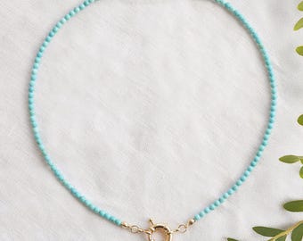 Turquoise stones necklace - front gold carabiner spring lock, custom charms, boho personalized gift for her