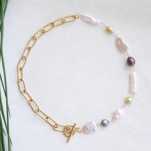 Halb Barockperlen halb Halskette | Süßwasser Perlen Choker | Unregelmäßige Form Perlen Büroklammer Kette Schmuck | Weihnachtsgeschenk für sie