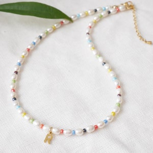 Colorful initial pearl necklace Dainty multicolor freshwater pearls choker with gold letter Custom handmade personalized jewelry gift image 5