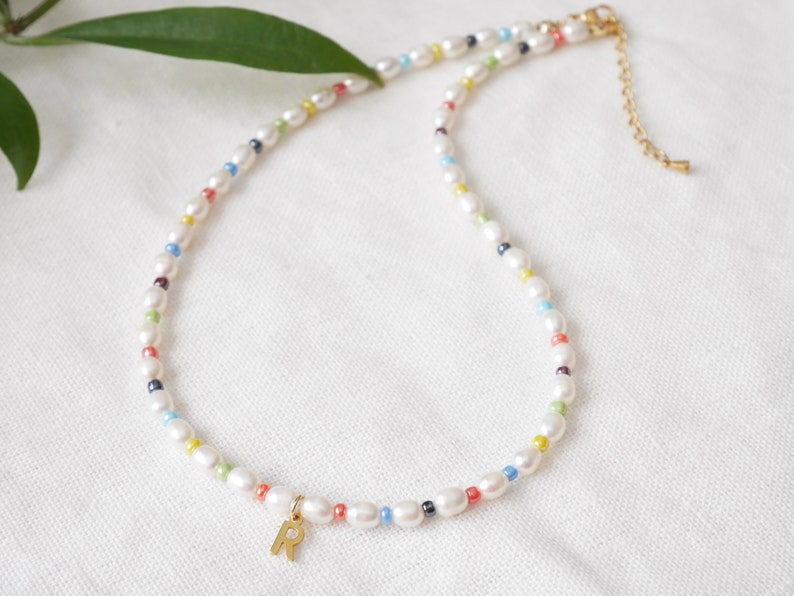 Colorful initial pearl necklace Dainty multicolor freshwater pearls choker with gold letter Custom handmade personalized jewelry gift image 5